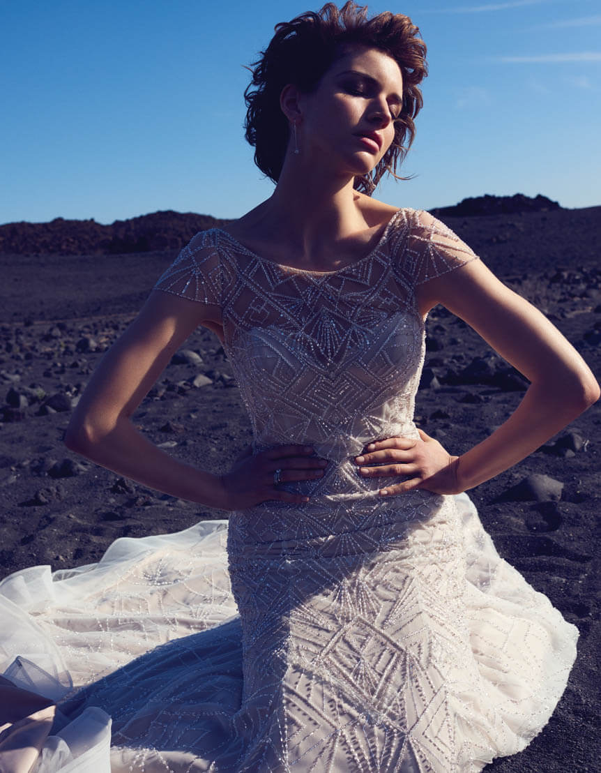 Brunette in White bridal dress