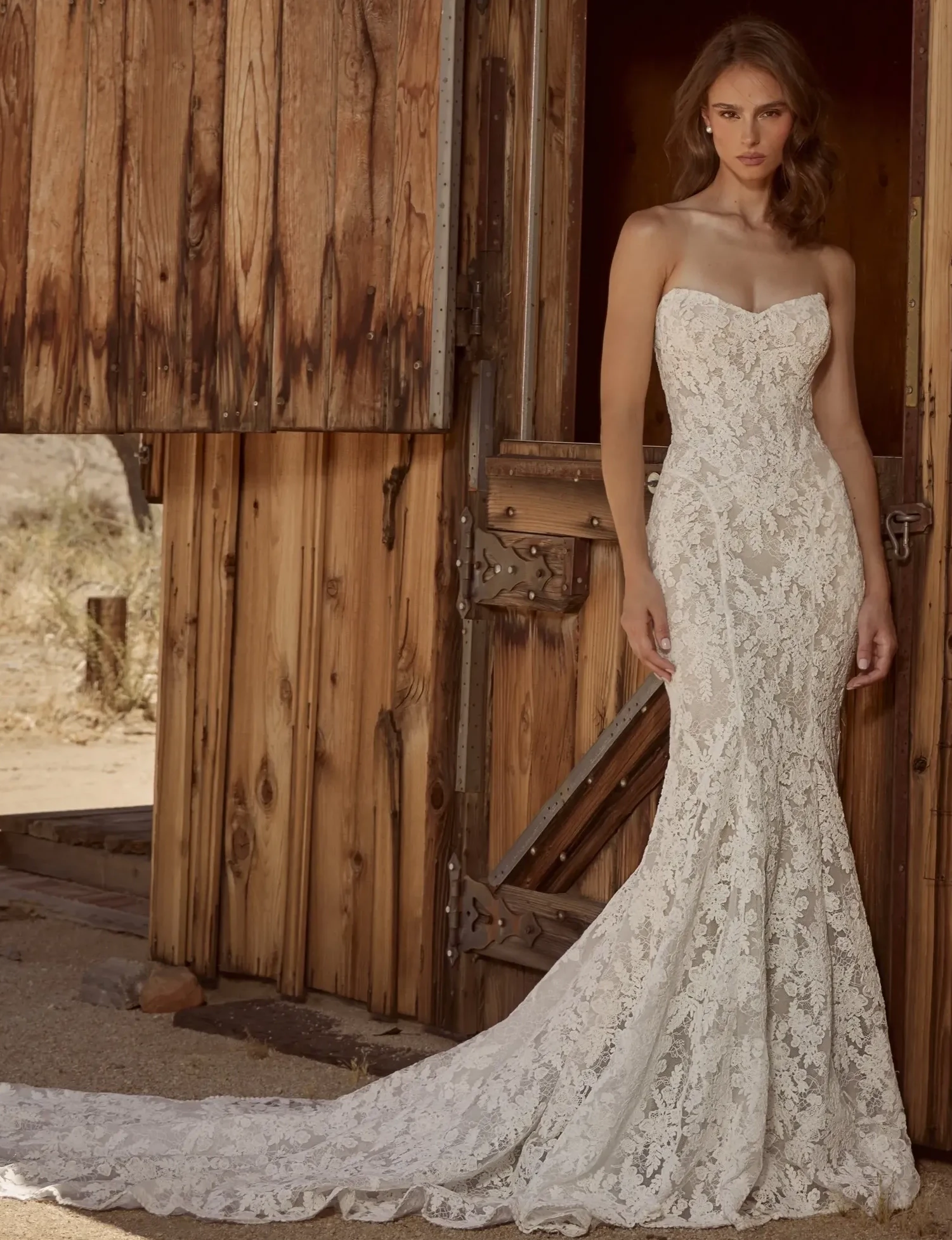 Brunette in White bridal dress
