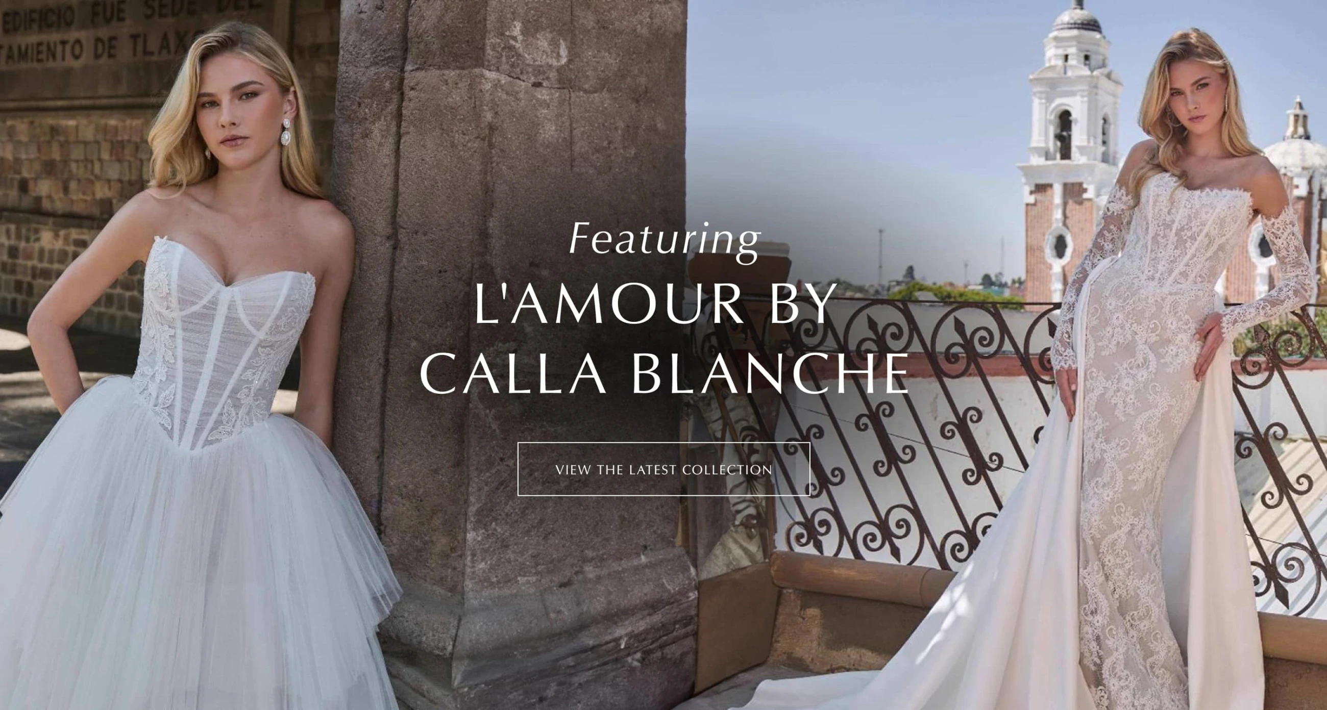 2 models wearing L'Amour by Calla Blanche LA25264 and LA25254 gowns, desktop banner